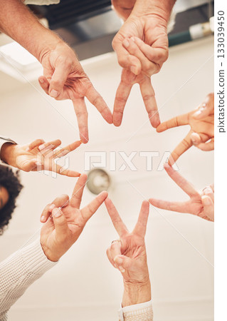Business people solidarity, together and peace hands sign for company commitment, job unity or collaboration. Group star, mission teamwork and below view of design team building for community support 133039450