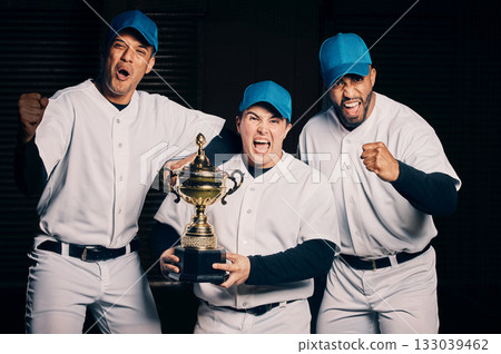 Baseball trophy, excited team portrait and winner celebration of a sports group with motivation. Celebrating, cheering and winning friends happy from sport training achievement award in studio 133039462