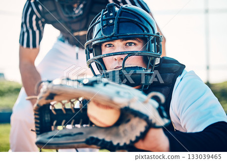 Baseball, catcher and fitness with man on field for training, umpire and sports competition. Workout, exercise and pitching with athlete playing in park stadium for games, match and wellness 133039465