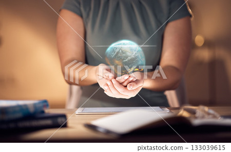 Globe hologram, international data and tablet with woman holding a digital earth illustration. Night, hands and website software of a corporate stock market employee with fintech network and web map 133039615