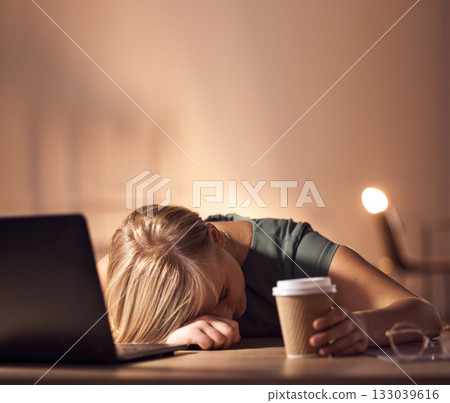 Sleeping, tired and burnout by business woman working at night in office on laptop for deadline, email or proposal. Sleep, exhausted and corporate employee suffering fatigue, workload and pressure 133039616