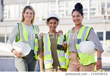 Architecture, women construction team and diversity in portrait, contractor group with smile at building site. Architect, engineering female with solidarity and trust in collaboration with builder Architecture, women construction team and diversity in portrait, contractor group with smile at building site. Architect, engineering female with solidarity and trust in collaboration with builder 133039618
