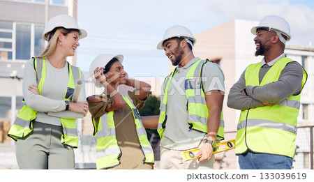 Construction, talking and employees in the city as a team, laughing and speaking about building. Diversity, arms crossed and contractors working together on renovation, infrastructure and engineering Construction, talking and employees in the city as a team, laughing and speaking about building. Diversity, arms crossed and contractors working together on renovation, infrastructure and engineering 133039619