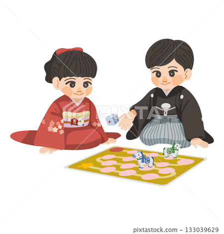 Illustration of a boy and girl in kimono playing Sugoroku Illustration of a boy and girl in kimono playing Sugoroku 133039629