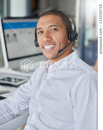 Black man, call center portrait and smile by computer for consulting, contact us and tech support in office. Crm expert, consultant and customer service agent with happiness, telemarketing and sales 133039728