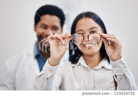 Medical, eye care and vision with woman and glasses for you for decision, retail and optometry healthcare. Choice, frames and ophthalmology with doctor and patient for consulting, shopping and lens Medical, eye care and vision with woman and glasses for you for decision, retail and optometry healthcare. Choice, frames and ophthalmology with doctor and patient for consulting, shopping and lens 133039758