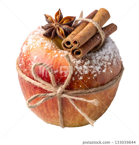 Decorated apple with powdered sugar and garnished with cinnamon sticks and star anise, rustic and natural christmas dessert or snack Decorated apple with powdered sugar and garnished with cinnamon sticks and star anise, rustic and natural christmas dessert or snack 133039844