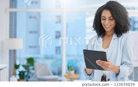 Happy, search and tablet with black woman in office for networking, communication and social media. Technology, internet and digital with employee reading online for news, planning and email report 133039859