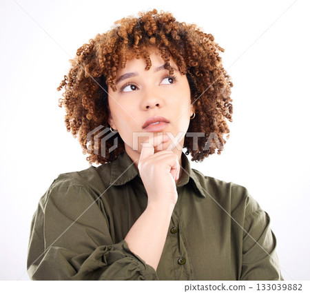 Thinking, concentrating and remember with black woman for confused, wondering and solution. Focus, why and question with girl isolated on white background studio for choice, ideas and decision Thinking, concentrating and remember with black woman for confused, wondering and solution. Focus, why and question with girl isolated on white background studio for choice, ideas and decision 133039882