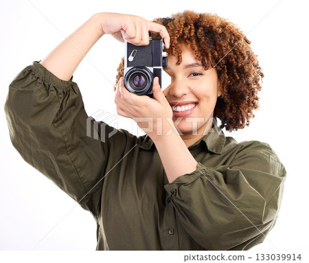 Photographer, portrait and woman using camera for a photoshoot isolated in studio white background. African American, black person and creative photography with picture or photo production Photographer, portrait and woman using camera for a photoshoot isolated in studio white background. African American, black person and creative photography with picture or photo production 133039914