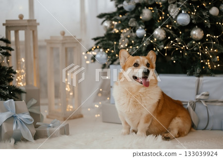 Corgi Sitting by Christmas Tree with Silver Decor Corgi Sitting by Christmas Tree with Silver Decor 133039924