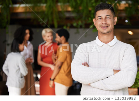 Portrait, smile and business man with arms crossed and pride for career or job. Ceo, professional mindset and happy, proud and confident male entrepreneur from Brazil in office workplace at night. Portrait, smile and business man with arms crossed and pride for career or job. Ceo, professional mindset and happy, proud and confident male entrepreneur from Brazil in office workplace at night. 133039988