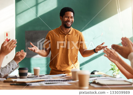 Training, applause and meeting with black man speaker for creative, planning and presentation in startup. Success, winner and celebration with group of people in workshop for target, support and wow 133039989