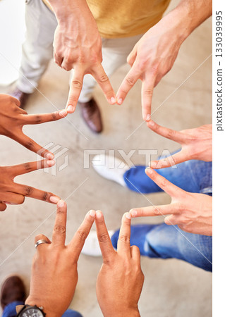 Peace, above and hands of business people in a star for team building, shape and support. Motivation, together and hands of employees with a sign for collaboration, friends and group solidarity Peace, above and hands of business people in a star for team building, shape and support. Motivation, together and hands of employees with a sign for collaboration, friends and group solidarity 133039995