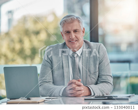 Portrait of senior business man at desk working for office leadership, career mindset and company management. Happy face of corporate person, employer or boss on laptop for professional job planning 133040011