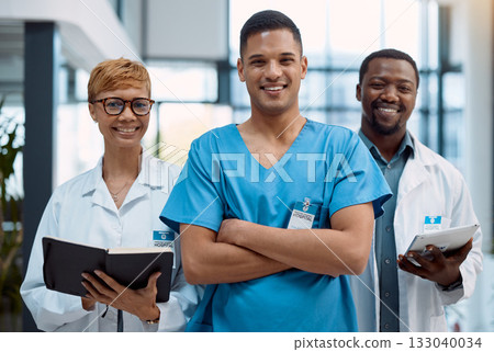 Proud portrait, team of doctors working in hospital research, planning and management for healthcare service. Leadership, mindset and diversity medical professional or black people in clinic career 133040034