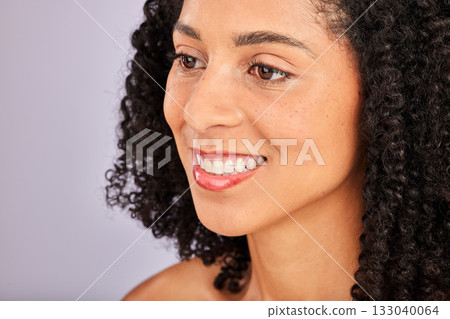 Black woman, face zoom and wellness from skin glow and dermatology in a studio. Profile, happiness and cosmetics of a young model with afro feeling happy from spa, facial and skincare treatment 133040064