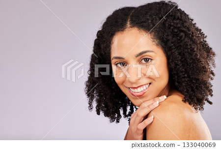 Black woman, hair care and happy portrait with skin glow and dermatology in a studio. Makeup, happiness and cosmetics of a young model with afro from spa, facial and wellness treatment with mockup Black woman, hair care and happy portrait with skin glow and dermatology in a studio. Makeup, happiness and cosmetics of a young model with afro from spa, facial and wellness treatment with mockup 133040069