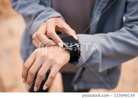 Fitness, hands and smartwatch screen in nature to track health, wellness and workout goals. Sports progress, technology app and woman athlete with watch for time, exercise schedule or running targets 133040139