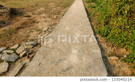 Stone walking track surrounded by fresh green grass Stone walking track surrounded by fresh green grass 133040214