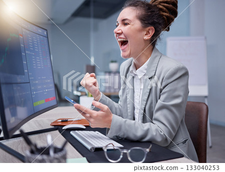 Celebration, trading and business woman celebrating successful stock market and good news in cryptocurrency. Data, success and winner employee working on growth for investment finance on a computer Celebration, trading and business woman celebrating successful stock market and good news in cryptocurrency. Data, success and winner employee working on growth for investment finance on a computer 133040253