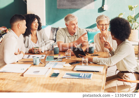 Business people, meeting and planning with comic laughing with diversity, teamwork or brainstorming. Startup, team building and funny group with strategy, solidarity or vision for man, women and goal 133040257