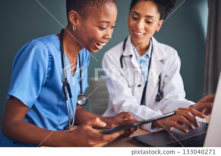 Tablet, black people or doctors planning surgery and in conversation about medical news or tests results in hospital. Teamwork, laptop or African nurses speaking of healthcare report or web research 133040271