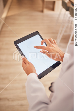Tablet mockup, screen and hands of doctor online for medical research, results or healthcare database. Person hand to scroll website, search or space for consultation mobile app or health insurance 133040285