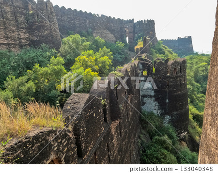 Panoramic view of Rohtas Fort with massive stone wall 133040348