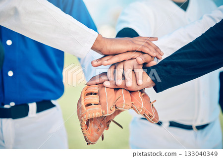 Hands together, baseball team and sport community support of softball group outdoor. Collaboration, teamwork and solidarity of sports people motivation on field for fitness, exercise and workout Hands together, baseball team and sport community support of softball group outdoor. Collaboration, teamwork and solidarity of sports people motivation on field for fitness, exercise and workout 133040349