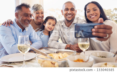 Black family selfie, lunch and smile in home with men, women and girl at table for celebration on web app. Man, smartphone photography and profile picture for social media with kid, parents and woman Black family selfie, lunch and smile in home with men, women and girl at table for celebration on web app. Man, smartphone photography and profile picture for social media with kid, parents and woman 133040385