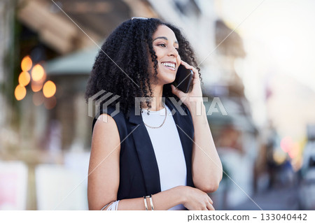 Phone call, black woman and urban street of a young person with networking and conversation. Bokeh, blurred background and female talking with happiness and a smile on a mobile web communication app 133040442