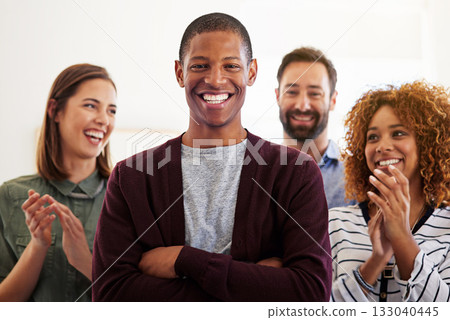 Success, applause and portrait of black man in office for celebration, teamwork and achievement. Support, happy and smile with business people for motivation, appreciation and winner in startup Success, applause and portrait of black man in office for celebration, teamwork and achievement. Support, happy and smile with business people for motivation, appreciation and winner in startup 133040445