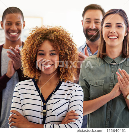 Success, applause and portrait of black woman in office for celebration, teamwork and achievement. Leadership, happy and smile with business people for creative, designer and winner in startup 133040461
