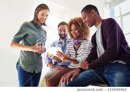 Tablet, internet and happy business people in office streaming online, website and social media meme. Communication, work startup and workers on digital tech for network, watching videos and research 133040462