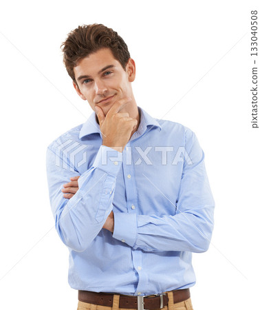 Thinking, wonder and portrait of businessman in studio with a pensive or contemplating face expression. Confidence, professional and corporate male model pondering while isolated by white background. Thinking, wonder and portrait of businessman in studio with a pensive or contemplating face expression. Confidence, professional and corporate male model pondering while isolated by white background. 133040508