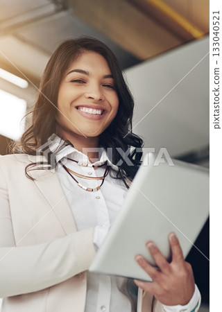 Business woman, tablet and portrait with happiness in office for web design, seo app and planning. Digital entrepreneur, mobile touchscreen ui and happy in workplace for goals, motivation and success 133040521