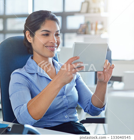 Business. office, tablet and happy woman reading financial savings report, finance budget or accounting review. Web database, feedback statistics or administration accountant working on data analysis 133040545