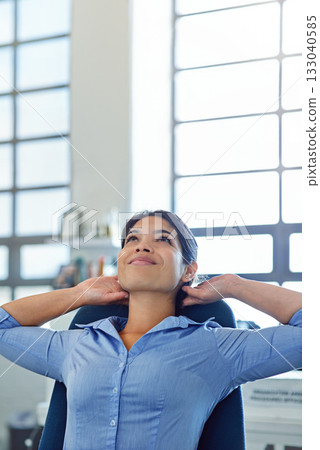 Business woman, stretching and thinking in office to relax in chair from easy project deadline, achievement and smile. Hands behind head, happy worker and finish job goals, happiness and motivation Business woman, stretching and thinking in office to relax in chair from easy project deadline, achievement and smile. Hands behind head, happy worker and finish job goals, happiness and motivation 133040585