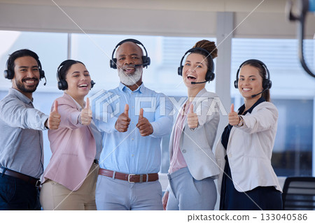 Portrait, call center and team with thumbs up, achievement and success with target, goals or client service. Face, staff or leader with gesture for solidarity, tech support or telemarketing in office Portrait, call center and team with thumbs up, achievement and success with target, goals or client service. Face, staff or leader with gesture for solidarity, tech support or telemarketing in office 133040586