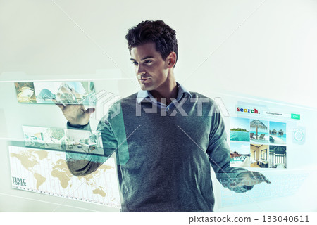 Hologram, travel and man search internet for global accommodation, vacation resort or hotel booking. Future holographic ui, futuristic dashboard hud and web person on online website for world holiday 133040611