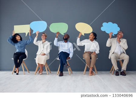 Social media, business people and speech bubble for advertising, message or space on wall background. Mockup, poster and group with banner, billboard or copy space for announcement together on a room Social media, business people and speech bubble for advertising, message or space on wall background. Mockup, poster and group with banner, billboard or copy space for announcement together on a room 133040696