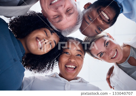 Portrait, below and happy business people in group or circle for teamwork, team building and collaboration. Face of diversity employees, worker and professional community smile together in solidarity Portrait, below and happy business people in group or circle for teamwork, team building and collaboration. Face of diversity employees, worker and professional community smile together in solidarity 133040707