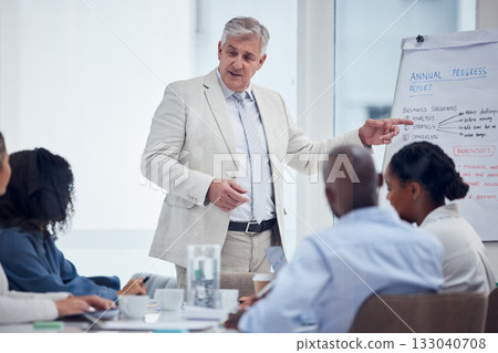 Presentation, meeting and serious business man, manager or boss strategy, planning and company progress report. Corporate executive and people, employees or team listening to presenter on whiteboard 133040708
