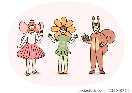 Children in carnival costumes of squirrel or fairy and flower are ready to go to masquerade party 133040724