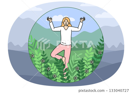 Introverted woman meditates and feels comfortable being safe inside bubble with green plants 133040727