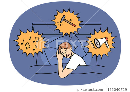 Noisy neighbors disturb sleep of irritated man lying in bed at night and in need of sleeping pills Noisy neighbors disturb sleep of irritated man lying in bed at night and in need of sleeping pills 133040729