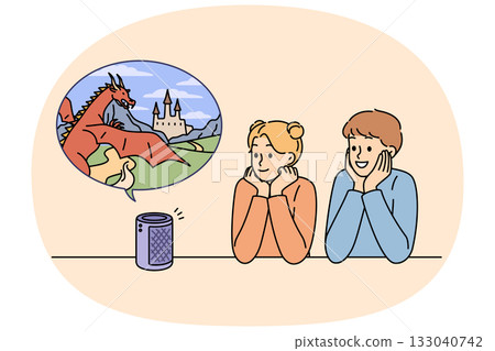 Smart speaker reads fairy tale to young children, telling fantastic story about dragons and castles 133040742