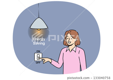 Woman is engaged in energy saving and turns off lights in apartment to minimize damage to nature 133040758