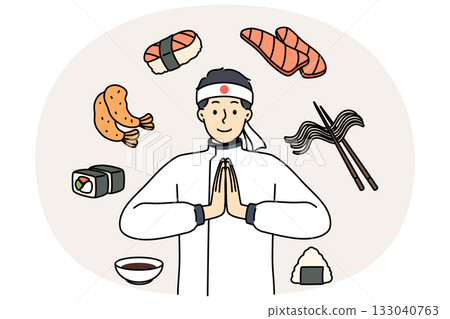 Man chef of japanese restaurant invites to eat sushi or maki rolls with rice and fresh salmon Man chef of japanese restaurant invites to eat sushi or maki rolls with rice and fresh salmon 133040763